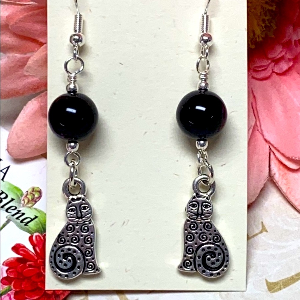 NWOT Sweet silver kitties earrings black jasper - Picture 3 of 6